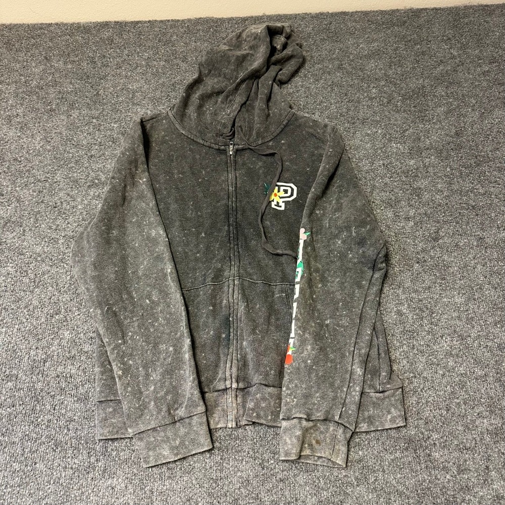 Pink Victoria's Secret Hoodie Womens XL Grey Acid Wash Floral Sleeve Zip Up